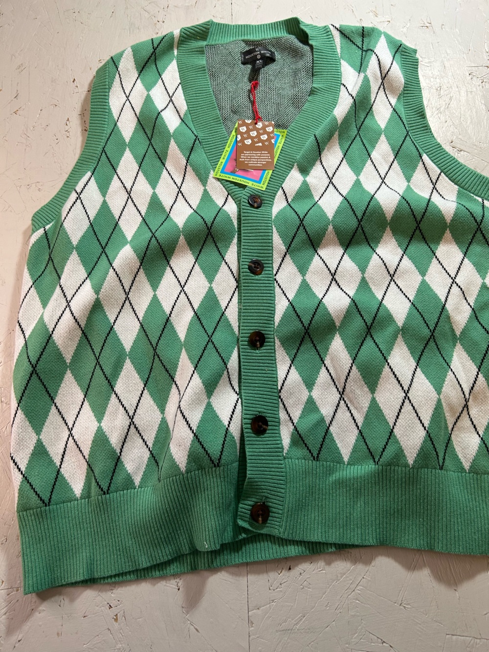 Men's Green & White Argyle Button-Front Cardigan Vest